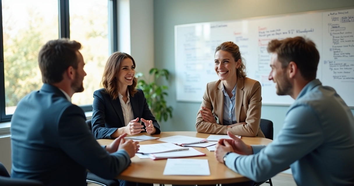 Group of colleagues talking, making eye contact and smiling in a meeting room