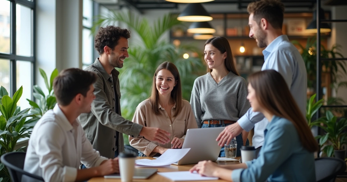 Team in open workspace sharing ideas and supporting each other 