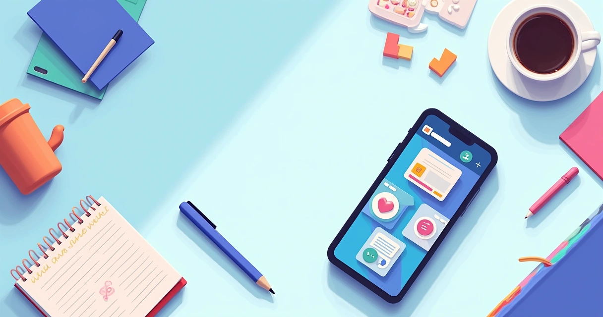 Ilustração de um telefone mostrando a interface do Opera Mini com recursos da IA Aria em uma mesa moderna e colorida.
