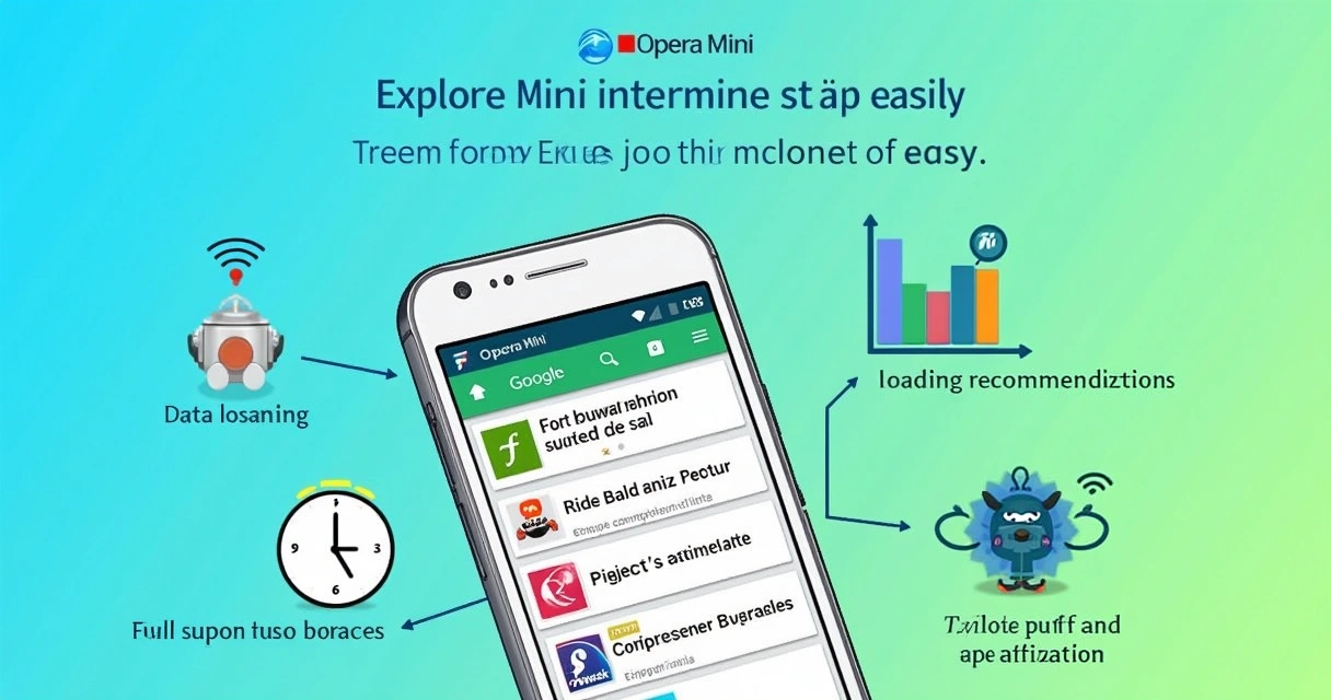 Interface do navegador Opera Mini em um smartphone, com barra de compressão de dados e ícones de redes sociais.