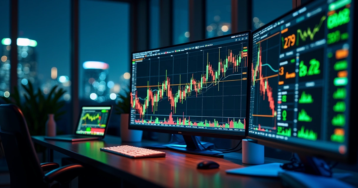 Tela de computador exibindo gráficos financeiros em tempo real durante a noite 