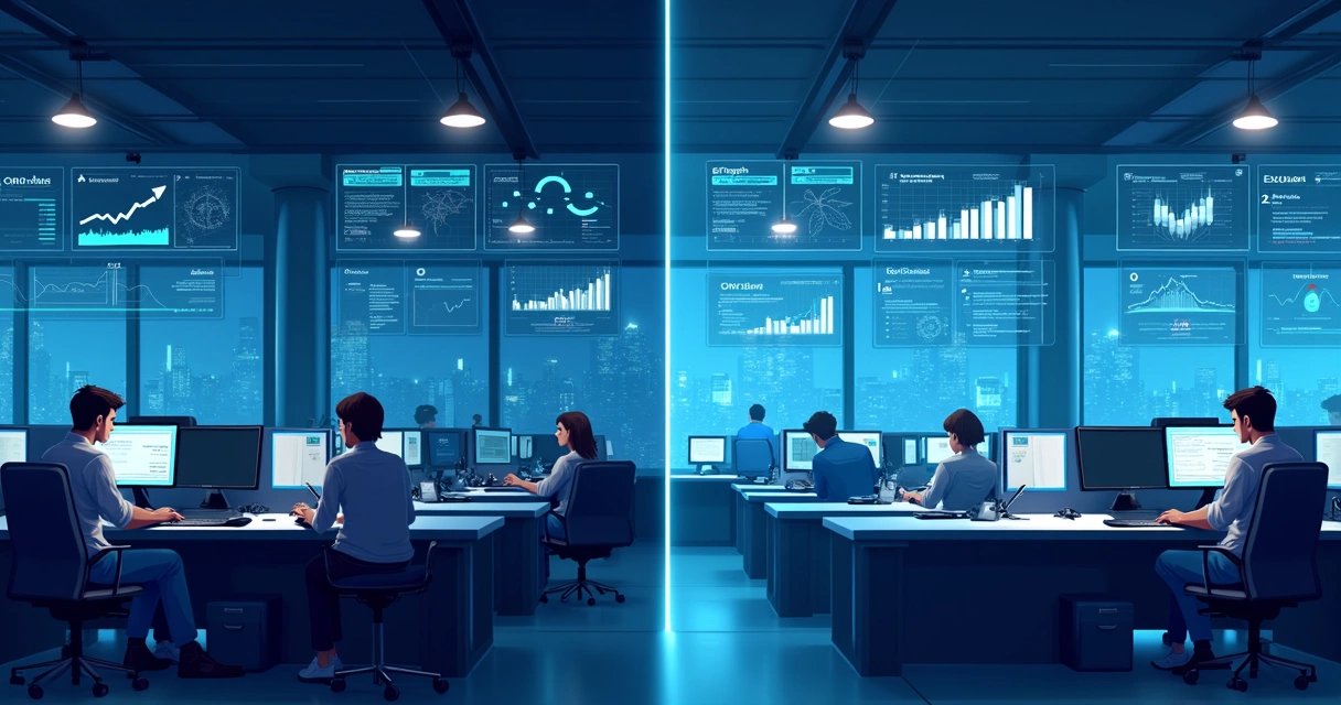 Comparação visual entre operações automatizadas com IA e equipe humana em turnos 