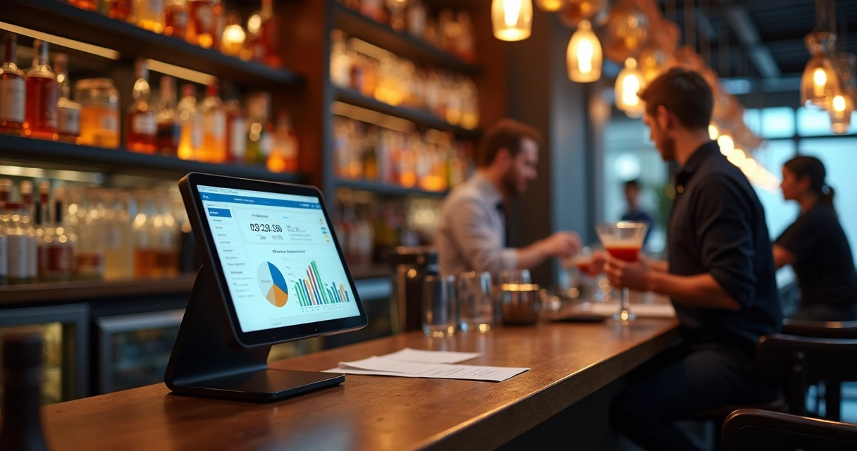 Painel de vendas em bar com caixa e bebidas no balcão 