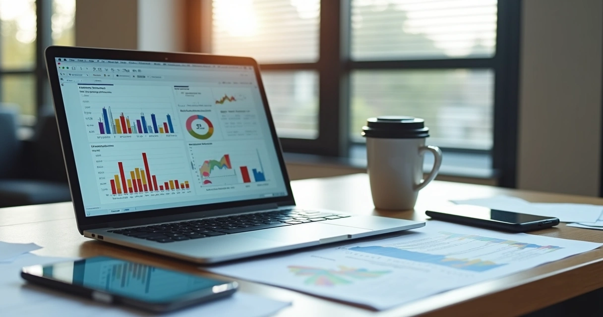 Mesa de escritório moderno com documentos financeiros, notebook aberto em planilhas e gráficos, caneta e smartphone ao lado 