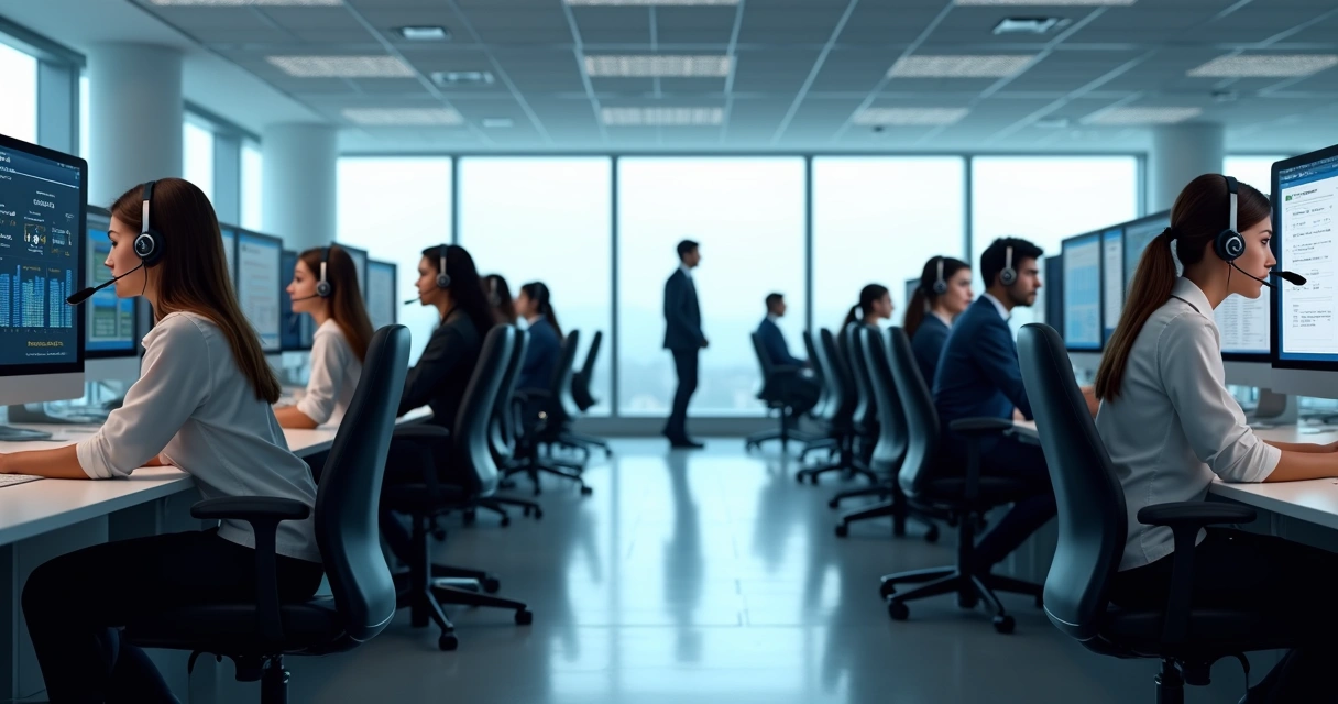 Ambiente interno de um moderno call center com operadores em estações, telas acesas e ambiente organizado. 
