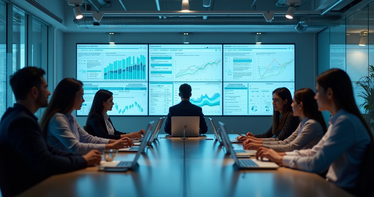 Equipe de escritório reunida à mesa, acompanhando dashboards operacionais com integração de comunicação. 