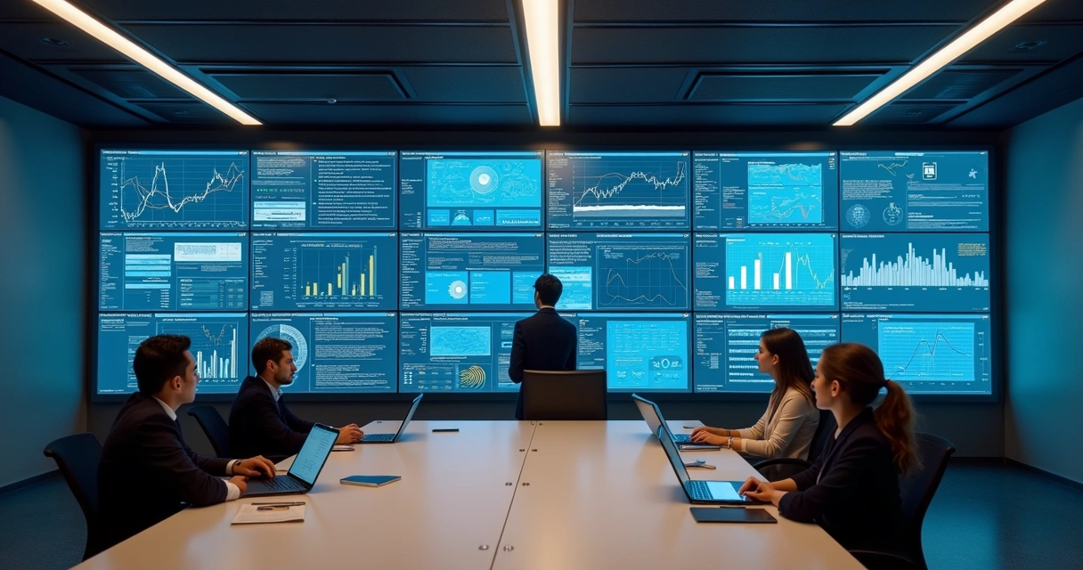 Central de vendas com painéis digitais, profissionais monitorando oportunidades e tablets em cima de mesas clean 