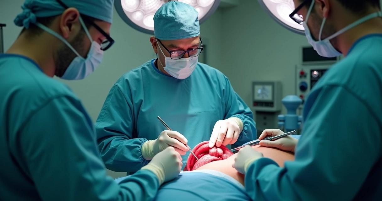 Equipe médica realizando cirurgia peniana em hospital. 