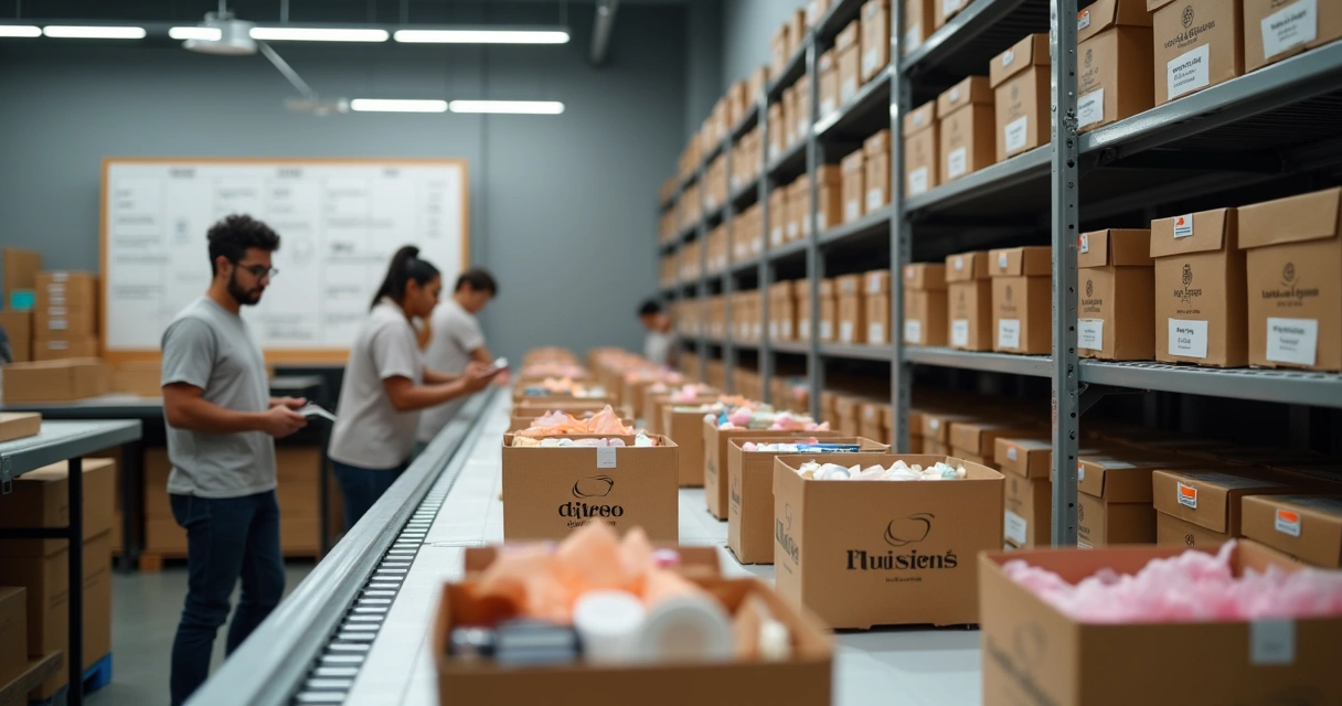 Linha de produção organizando caixas de clube de assinatura em prateleiras de estoque 