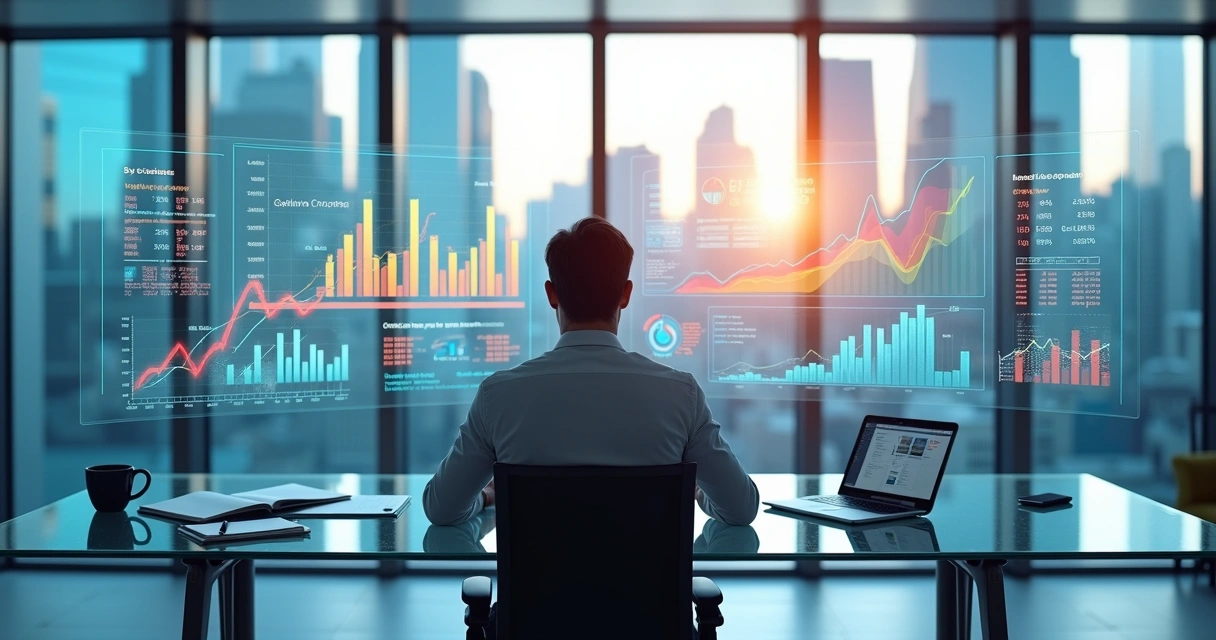 Empresário analisando gráficos e dados em tela digital mostrando crescimento e escalabilidade comercial 