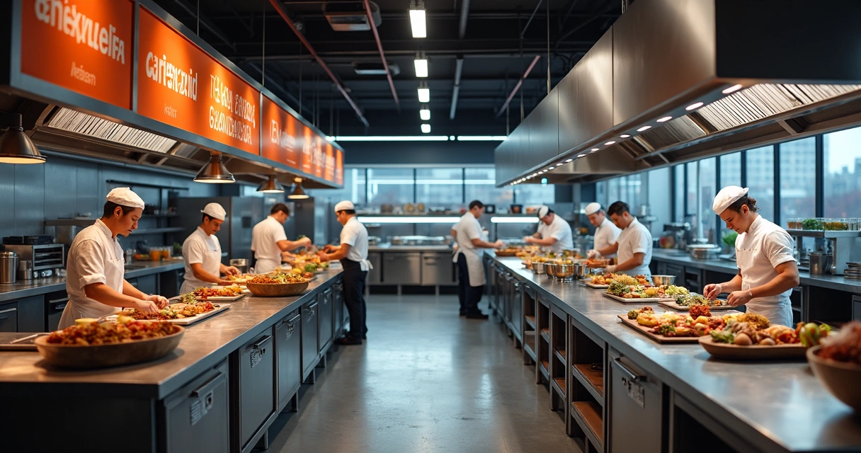 Equipe trabalhando em cozinha profissional operando diferentes marcas de delivery 