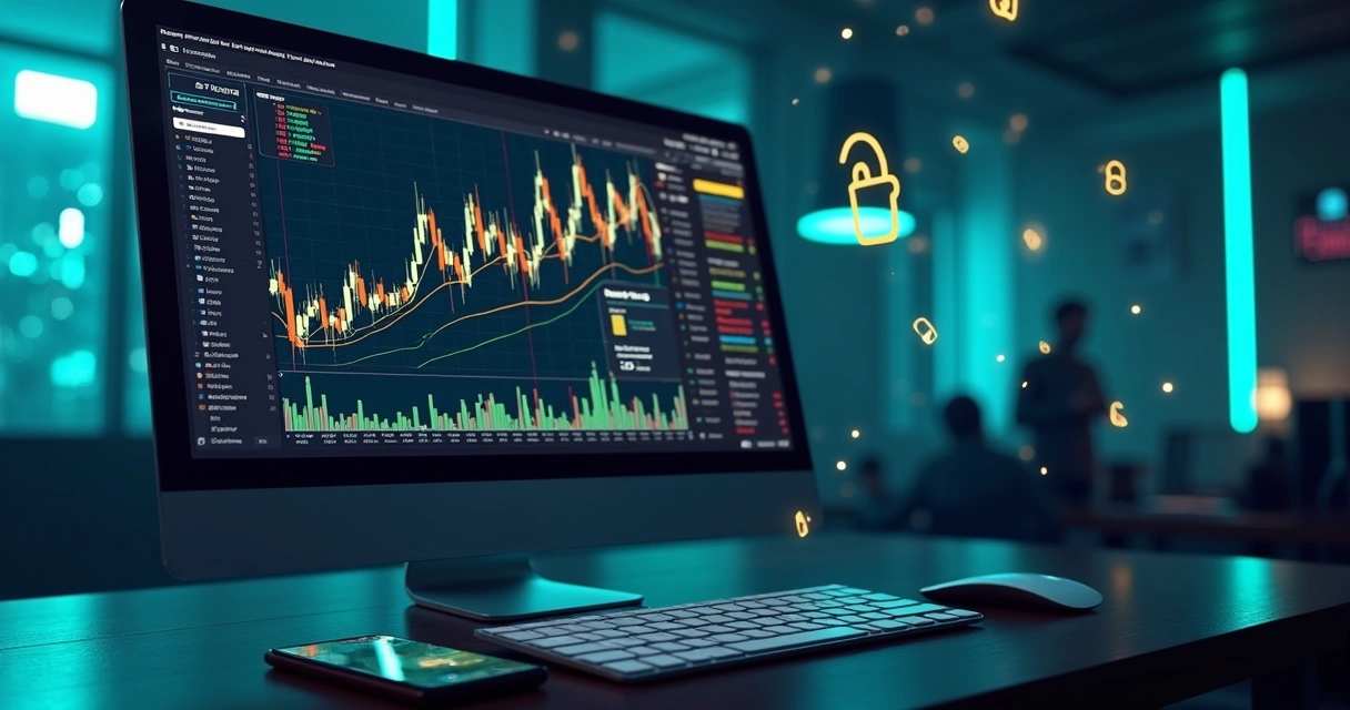 Tela de computador mostrando gráficos financeiros de criptomoedas com cadeado digital simbolizando segurança bancária online 