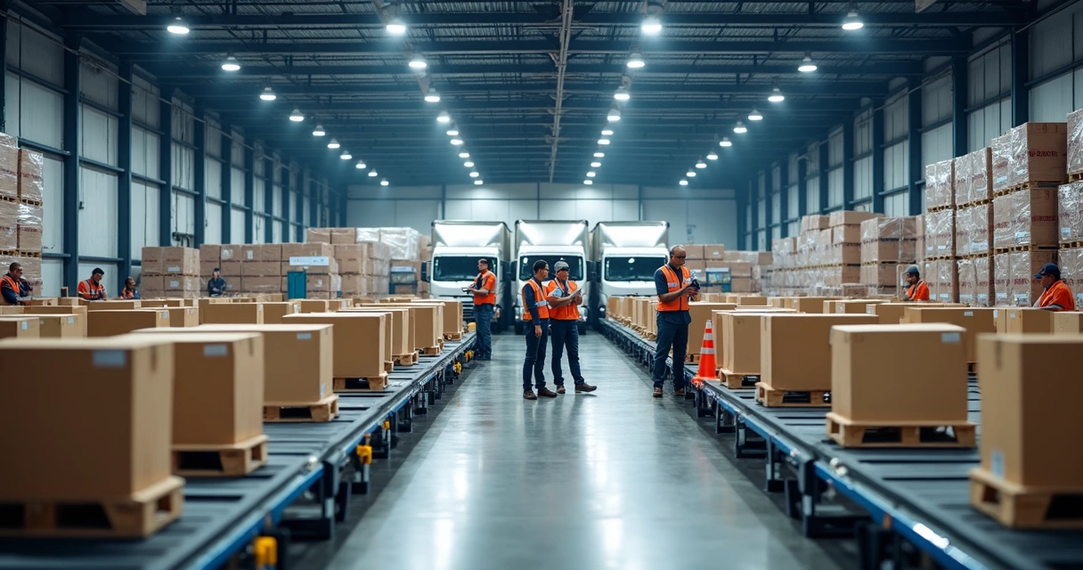 Área interna de um centro de distribuição com equipes movimentando caixas em esteiras automáticas e caminhões aguardando na doca. 