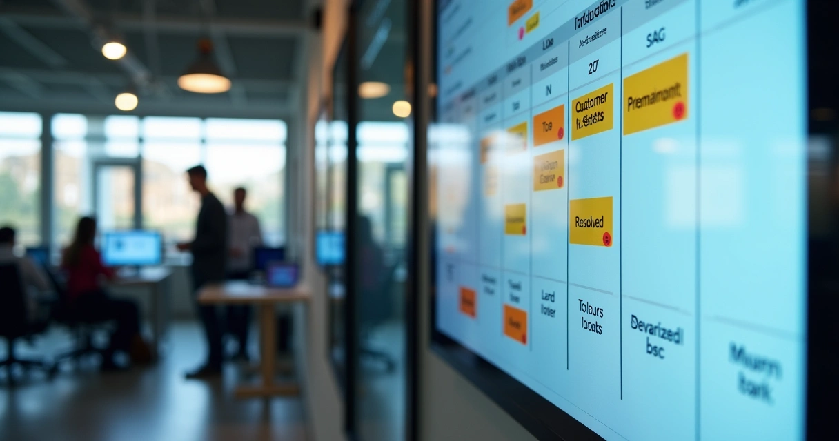 Tela de Kanban digital com cards de atendimento organizados 