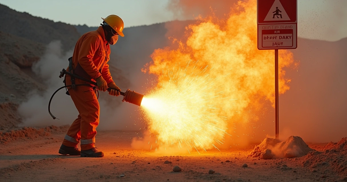 Profissional preparando explosivos em mineração com sinalização de área de risco