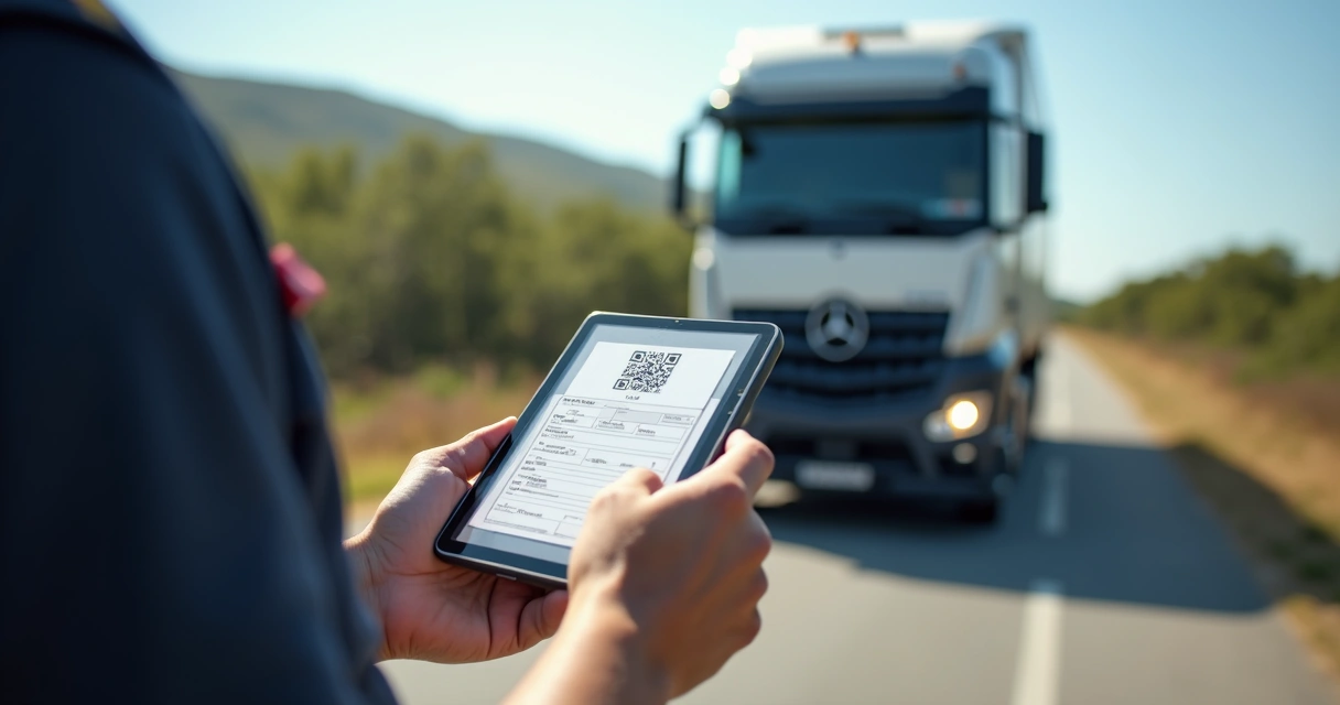 Agente fiscal usando tablet para consultar DC-e eletrônica durante inspeção de caminhão 