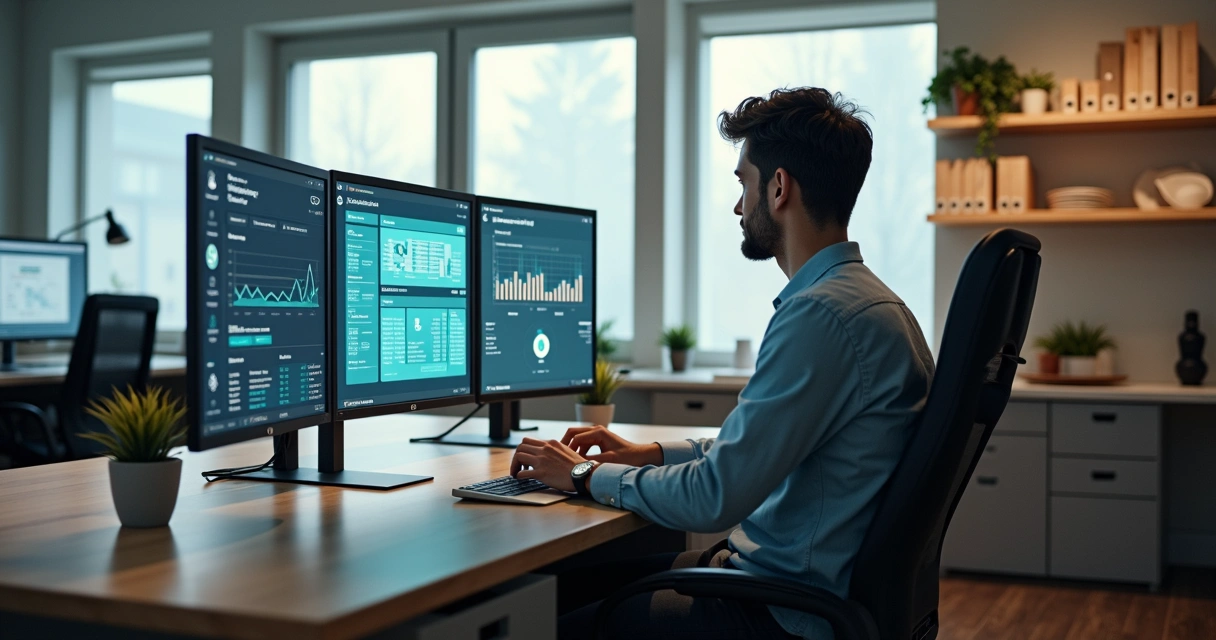 Homem usando computador na mesa com gráficos digitais e tela de sistema de delivery 