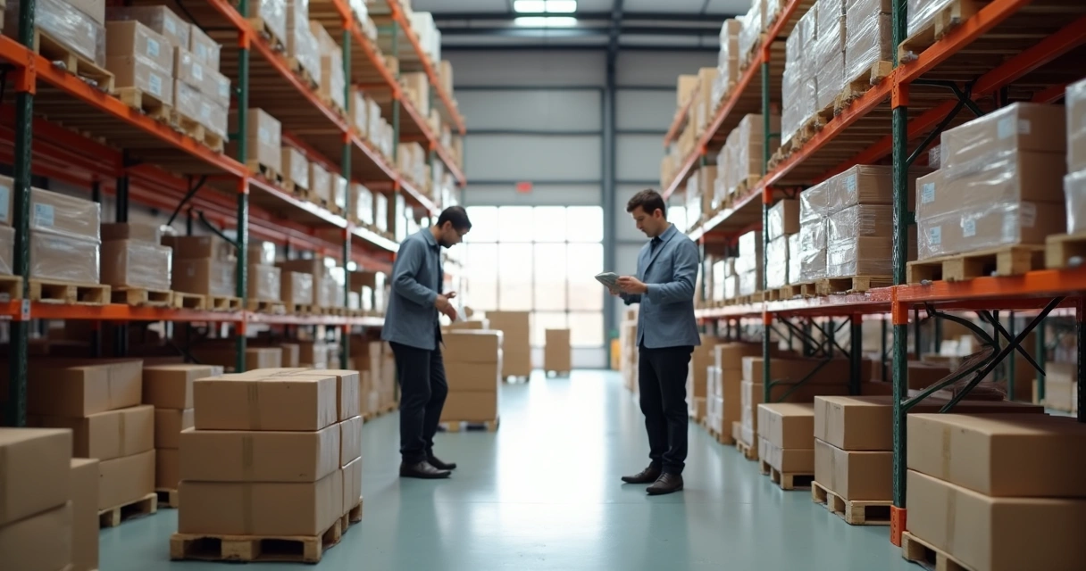 Funcionários organizando mercadorias em prateleiras de centro de distribuição de e-commerce