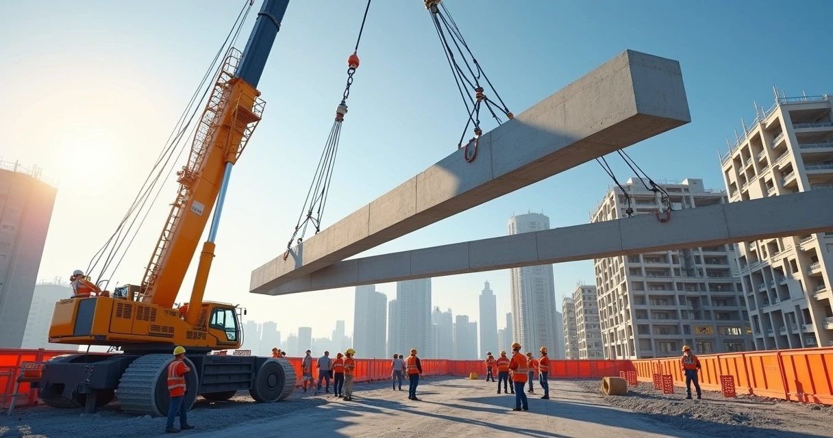 Operação de guindaste em construção civil com trabalhadores ao redor