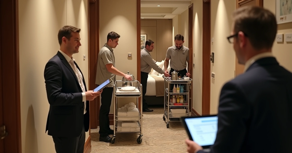 Equipe de hotelaria em diferentes funções trabalhando integrada no corredor de um hotel 