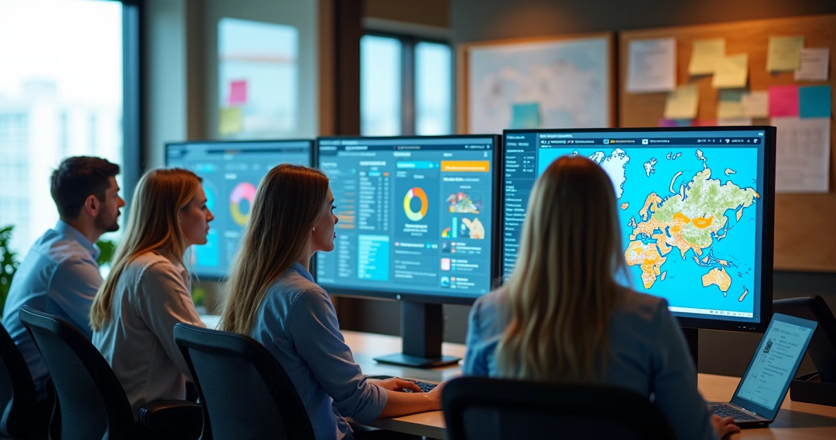 Equipe operacional de hotel em frente a computadores com telas exibindo gráficos de ocupação 