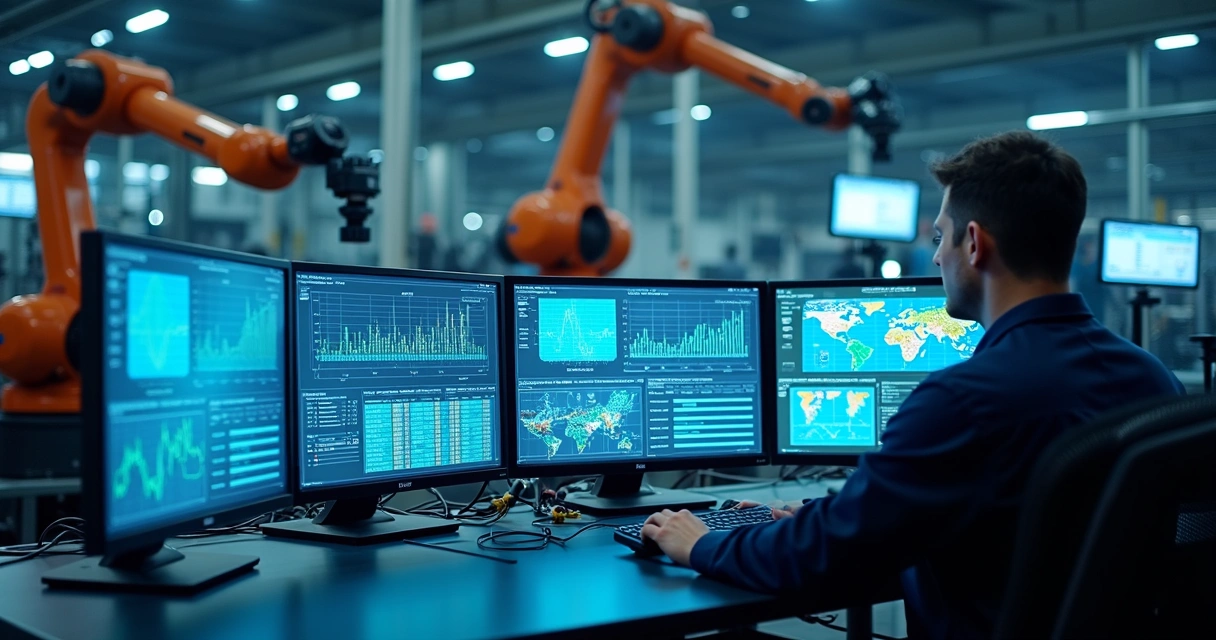 Processo industrial automatizado com telas exibindo gráficos de dados 