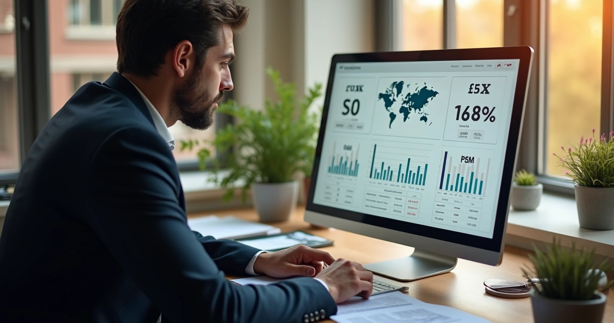 Painel mostrando diferentes moedas, cálculo de impostos globais, empresário atento analisando fluxos financeiros 