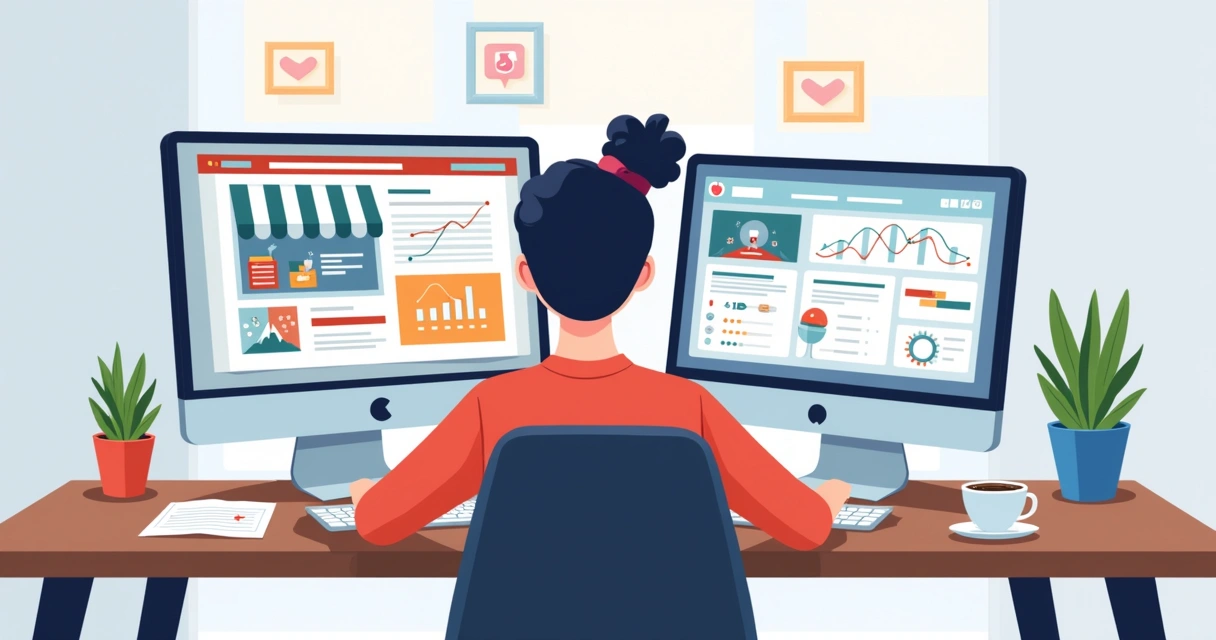 Pessoa frente a dois computadores, um com marketplace e outro com loja própria, analisando vendas. 