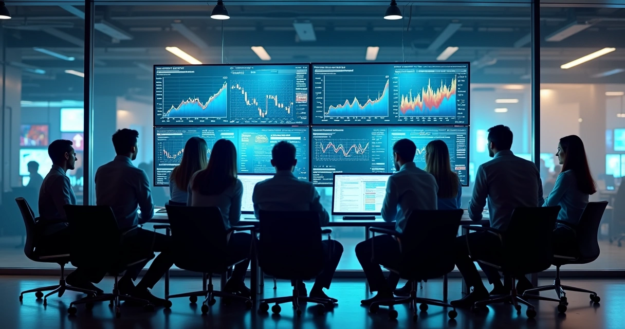 Equipe analisando resultados de campanhas digitais em múltiplas telas