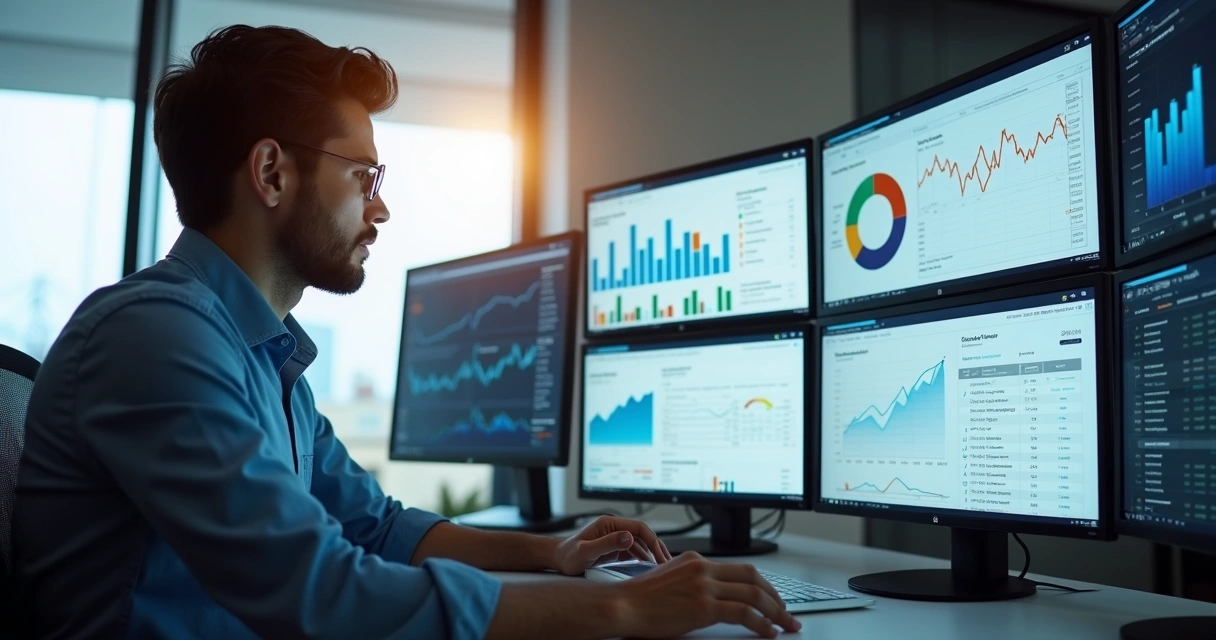 Profissional analisando gráficos de tráfego pago em múltiplas telas com interfaces do Google Ads e Meta Ads visíveis, ambiente moderno de escritório com luz natural, detalhes de planilhas, métricas como CPC e ROI exibidas no monitor, atmosfera técnica e focada em estratégia de growth 