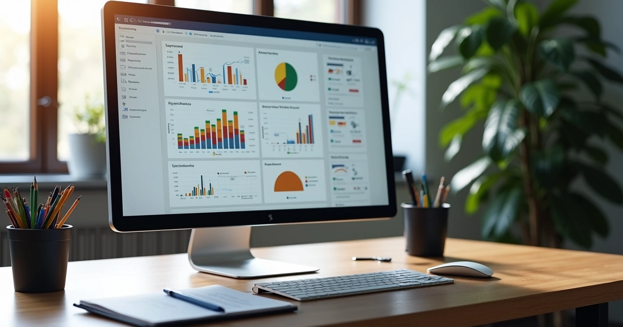 Tela de computador exibindo dashboard de métricas de mídia paga com gráficos coloridos e ajustes de orçamento ao lado de anotações estratégicas 