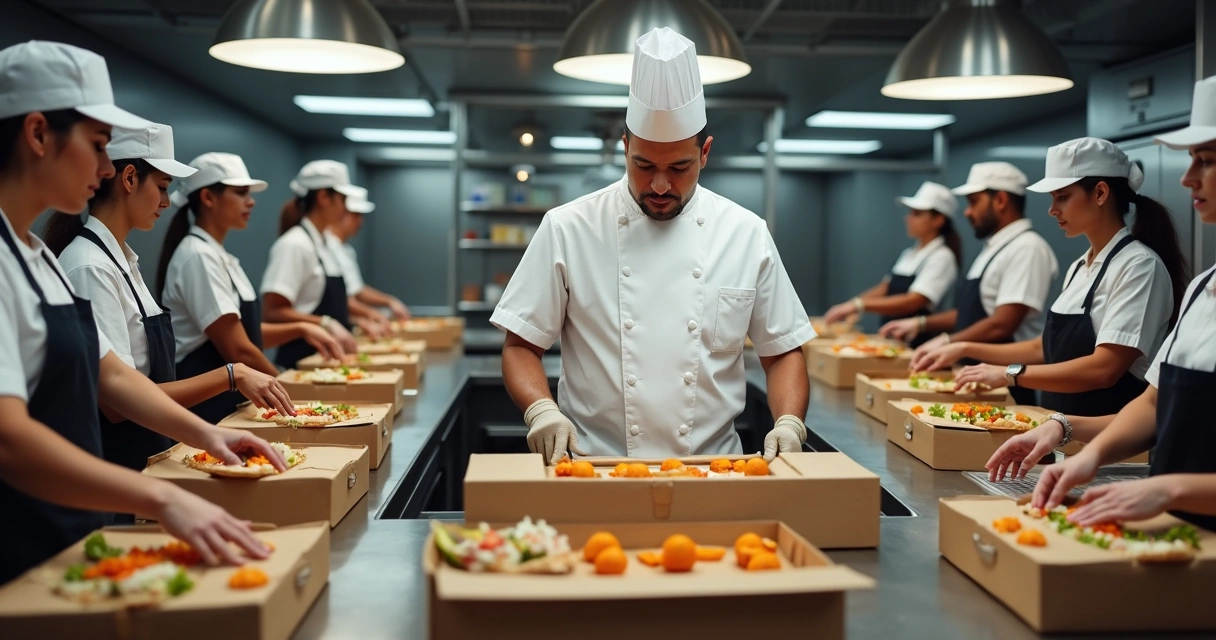 Time de cozinha organizando pedidos de diferentes marcas delivery, embalagens distintas, ambiente de operação conjunto, chef orientando equipe