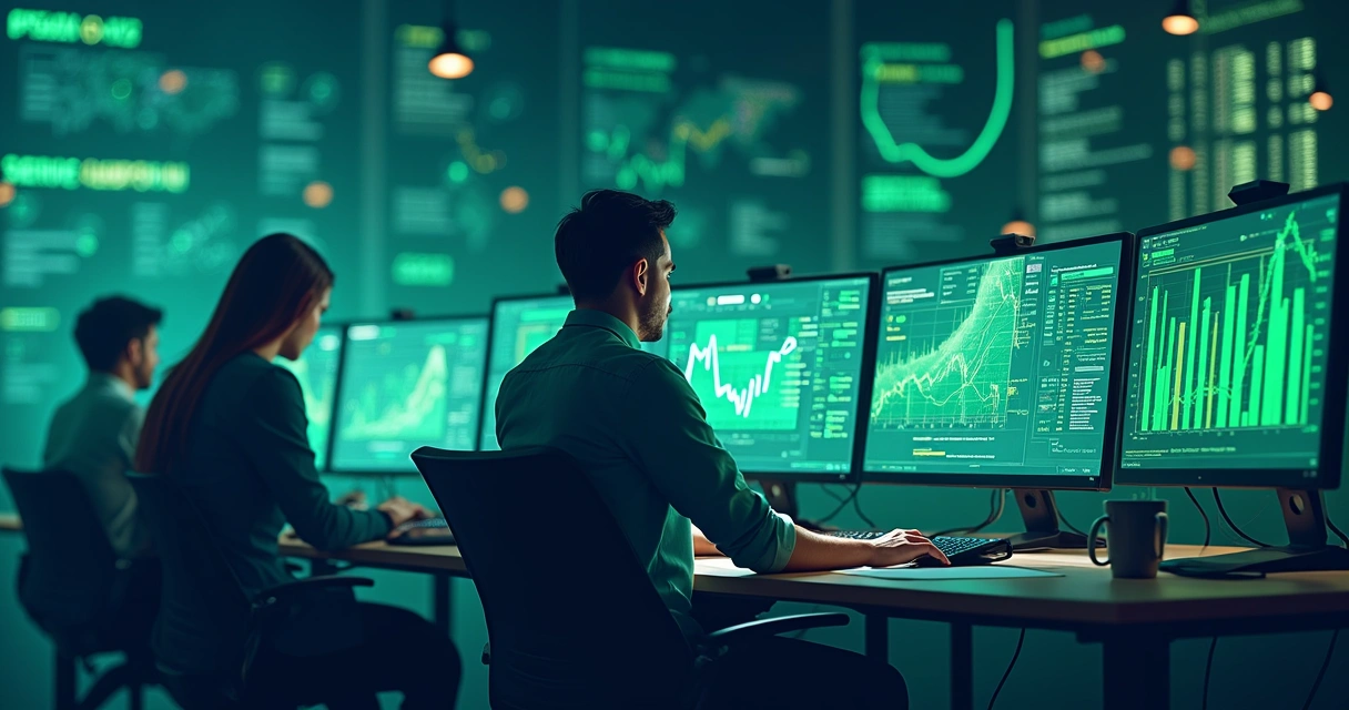 Equipe em operação intensa de pagamentos, gráficos subindo e múltiplos computadores 
