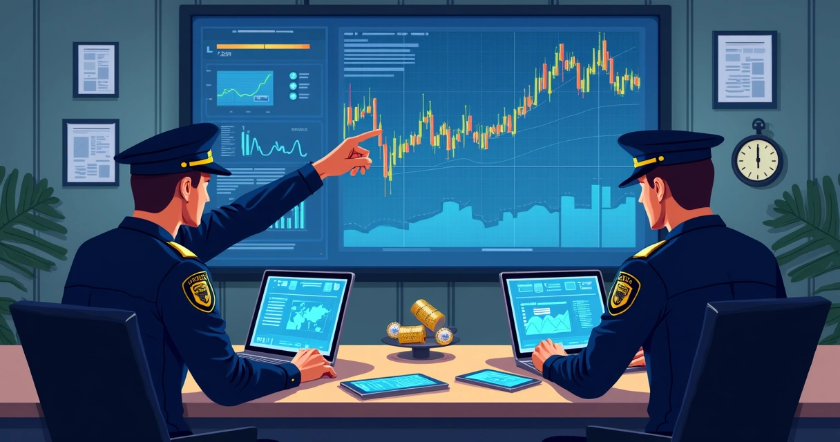 Policiais federais analisando computadores apreendidos em uma sala 