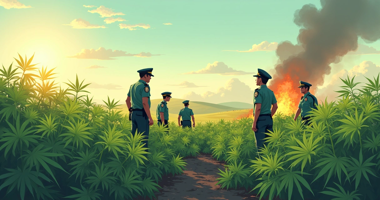 Agentes policiais inspecionam grande plantação de maconha sendo destruída 