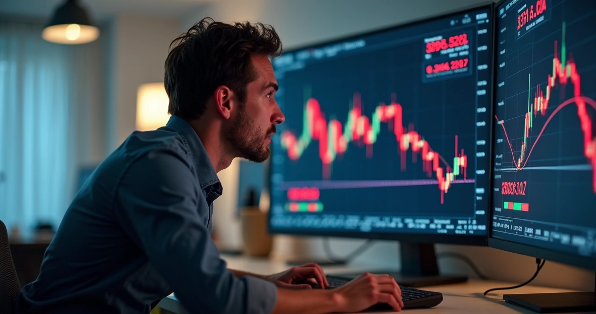 Homem olhando para tela com gráfico caindo rapidamente 