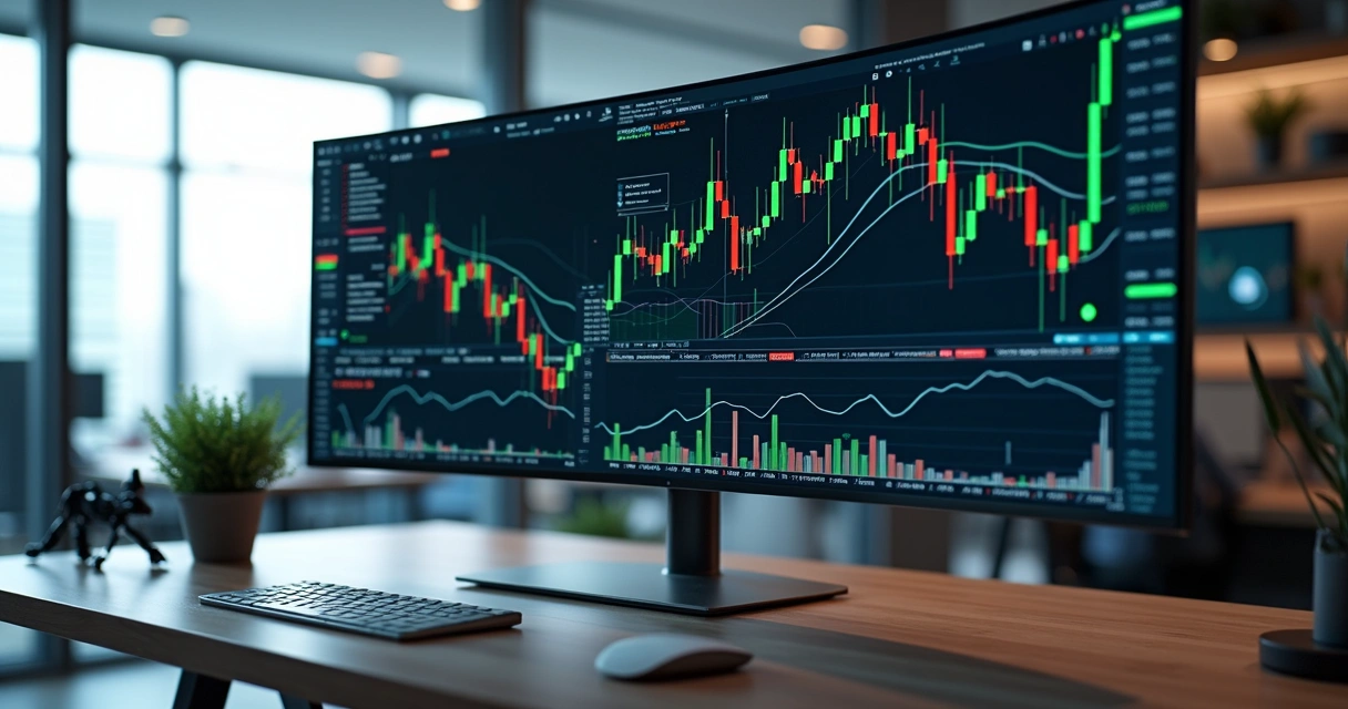 Computador com tela exibindo gráficos financeiros e interface de robô trader operando na bolsa de valores 