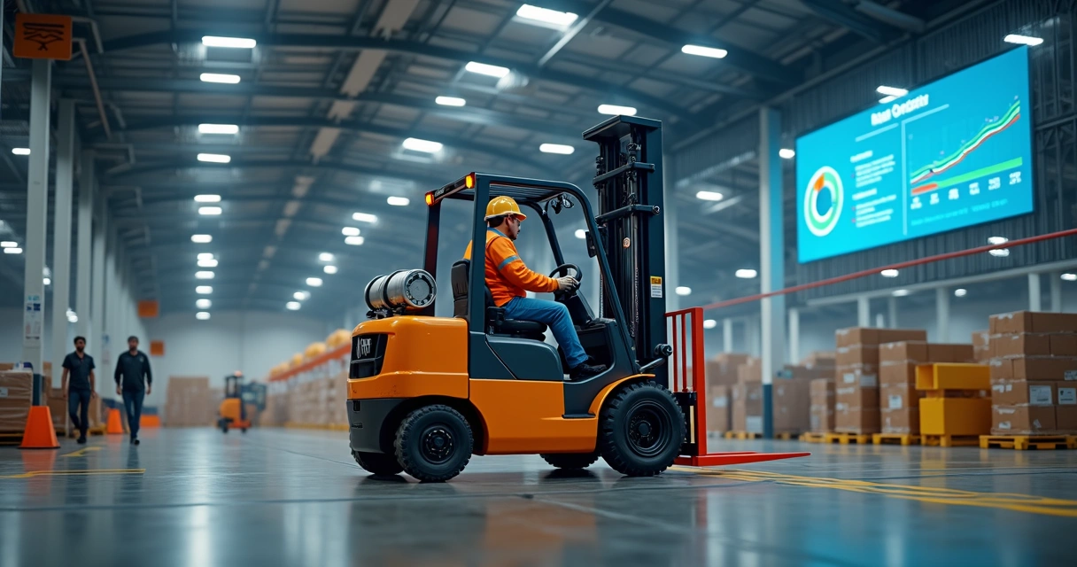 Operação de empilhadeira em logística com equipamentos de segurança 