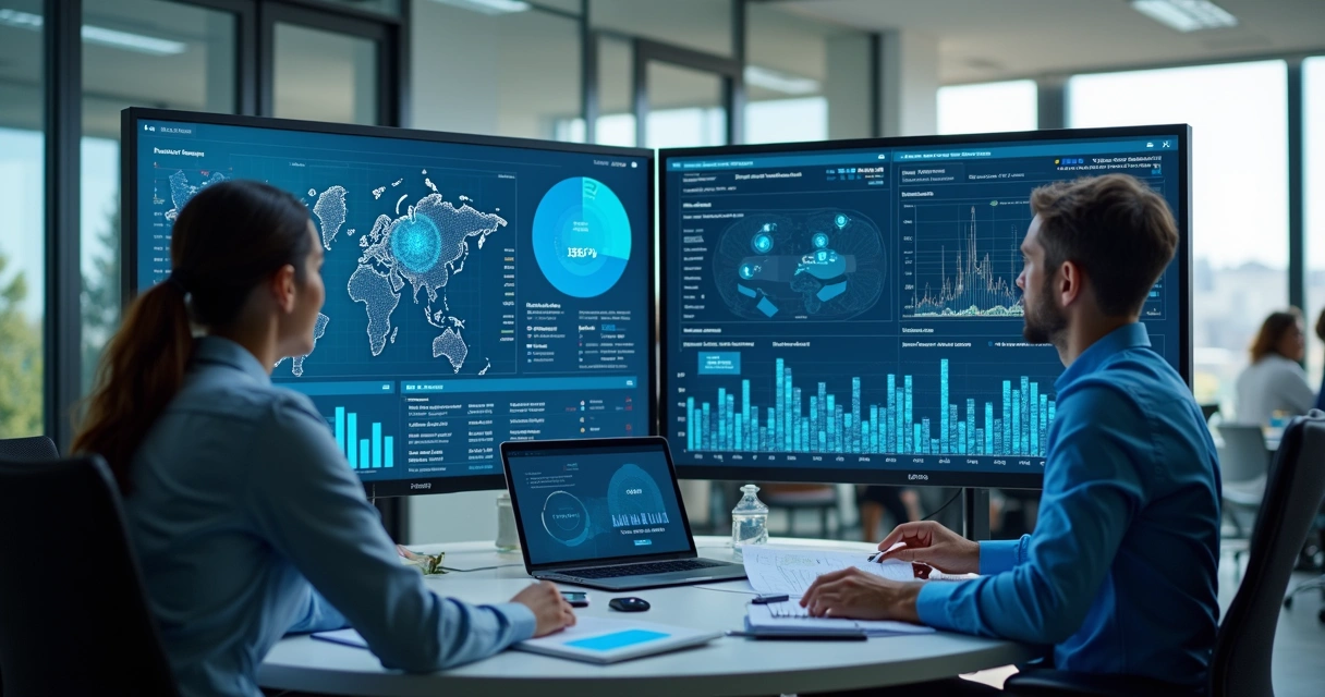 Equipe de tecnologia analisando painéis de segurança digital 