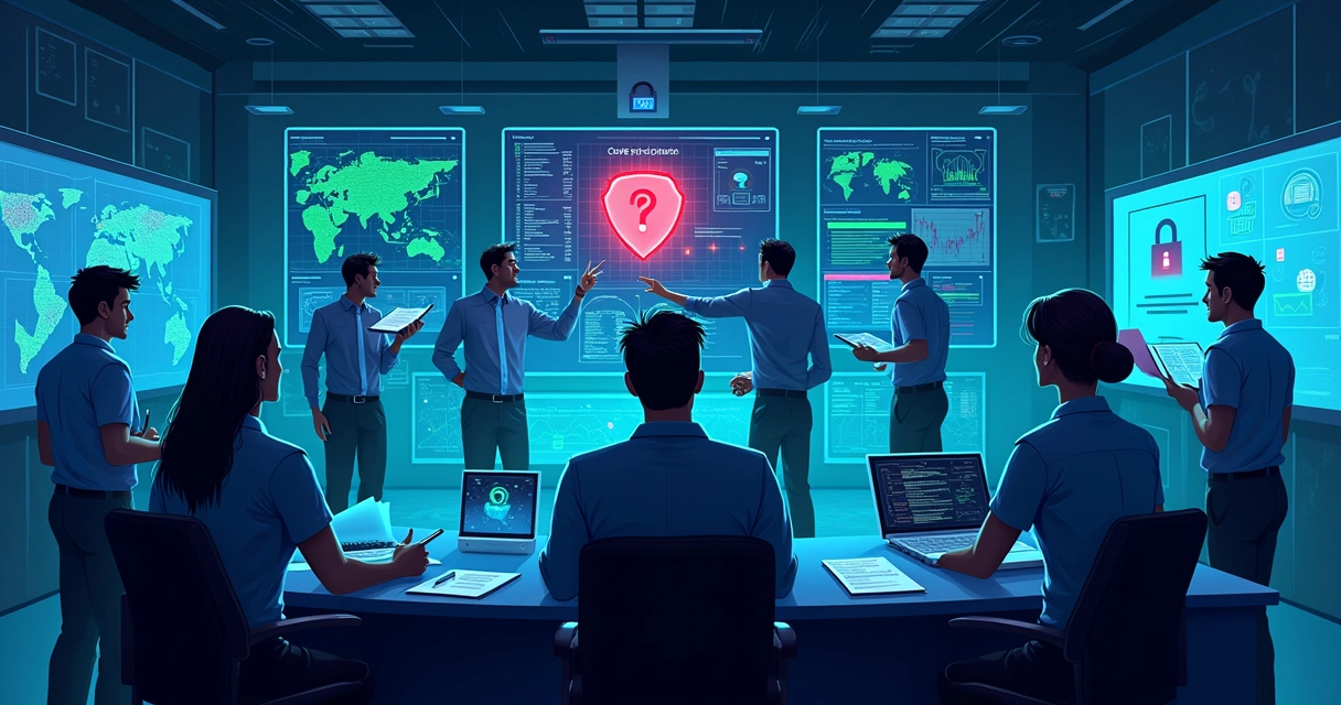 Equipe em sala de operações de segurança cibernética monitorando alertas e discutindo estratégias de resposta.