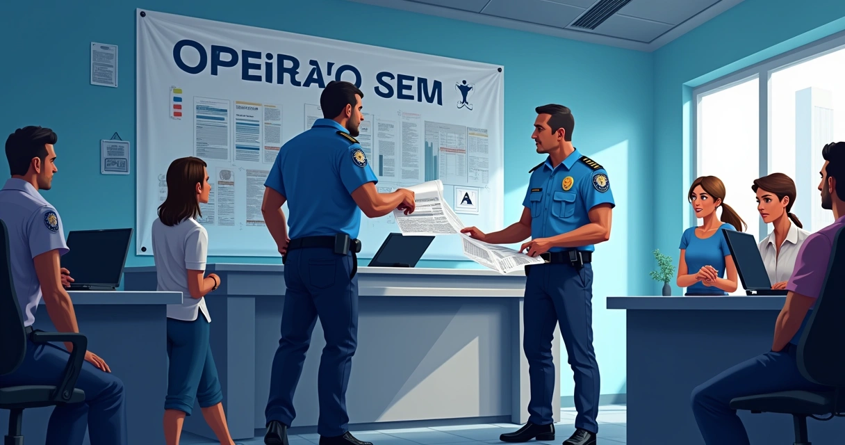 Agentes da Polícia Federal em ação em uma operação em um escritório, com cidadãos observando.