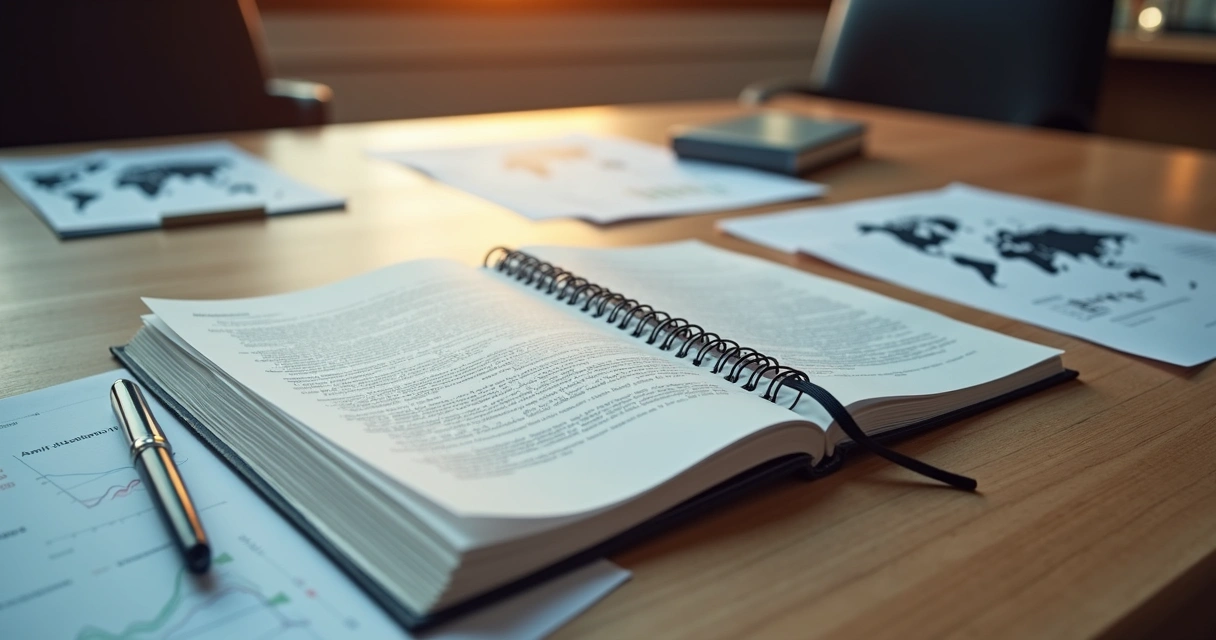 Mesa de reuniões com documentos, notebook aberto e um mapa do mundo 