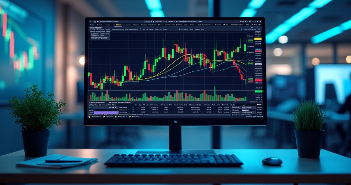 Tela de computador com gráfico financeiro mostrando operações de CFDs, com dados e candlesticks em destaque 