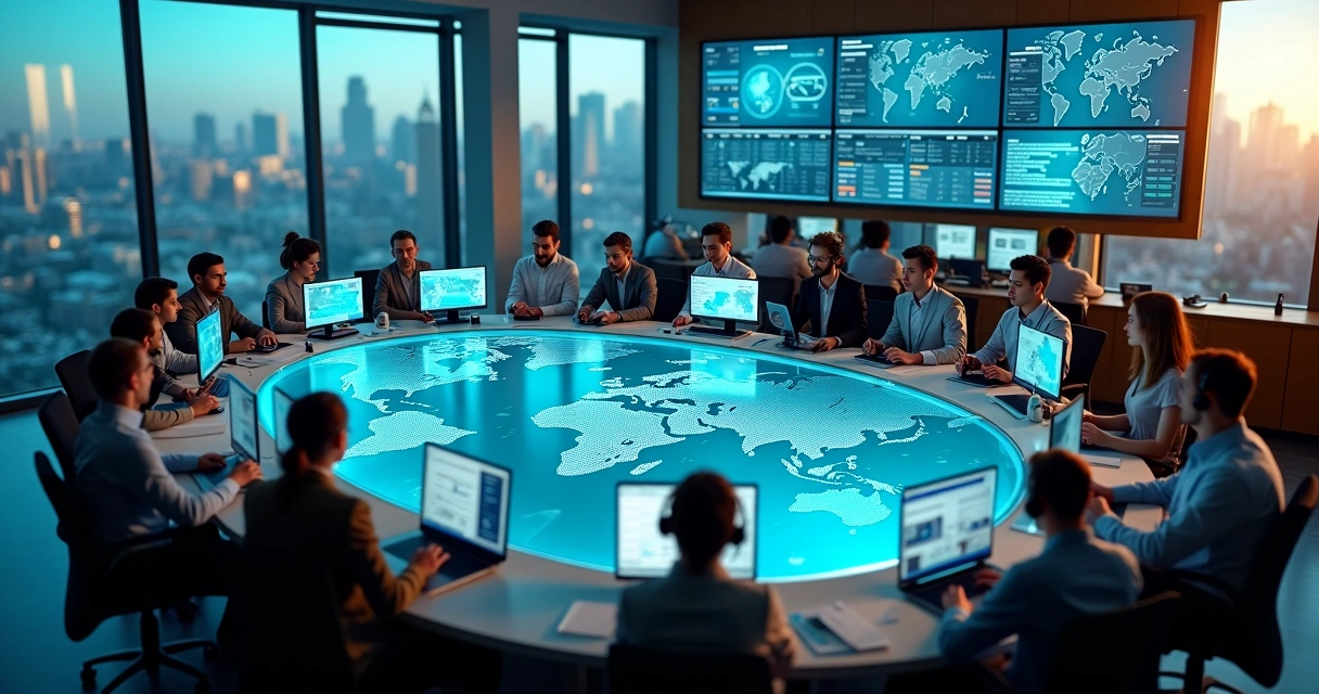 Sala de operação de turismo com múltiplas estações funcionando em sincronia 