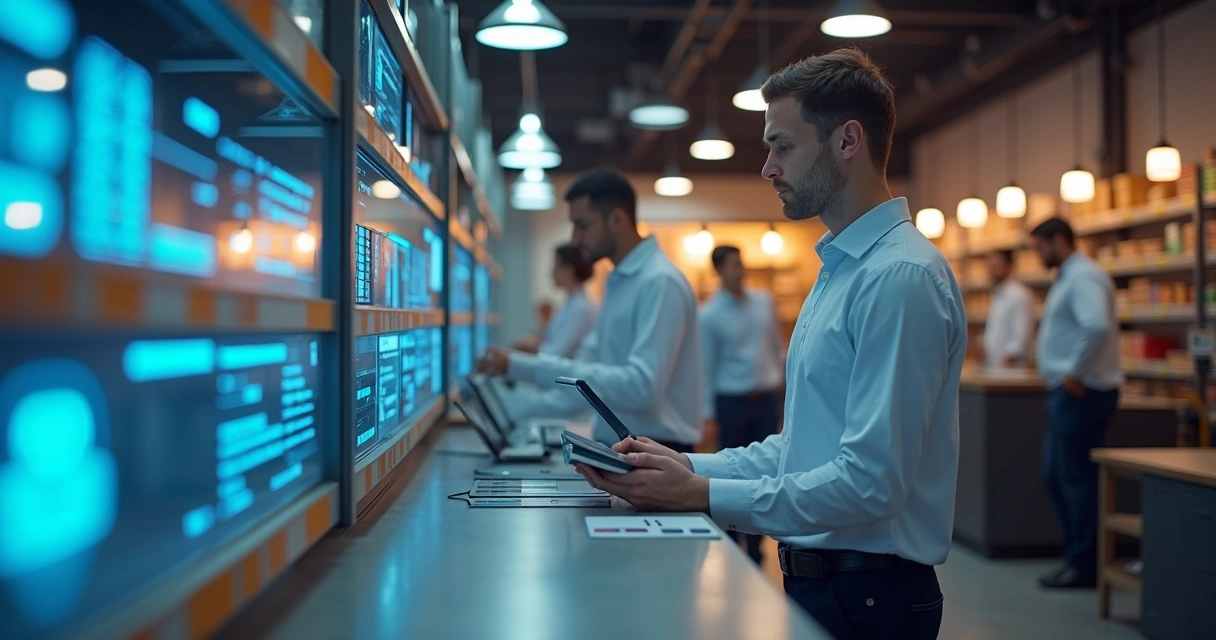 Representação realista de uma operação D2C com loja virtual, logística e marketing digital em ambiente moderno 