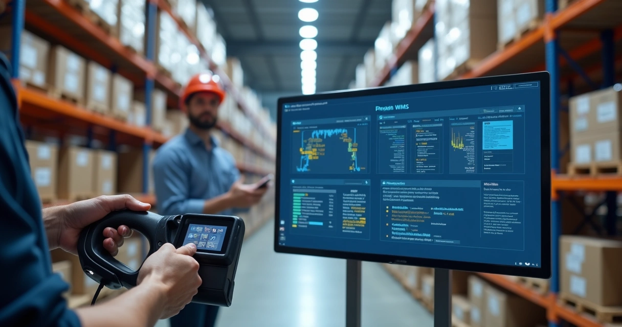 Operador conferindo estoque com painel WMS e ERP ao fundo 