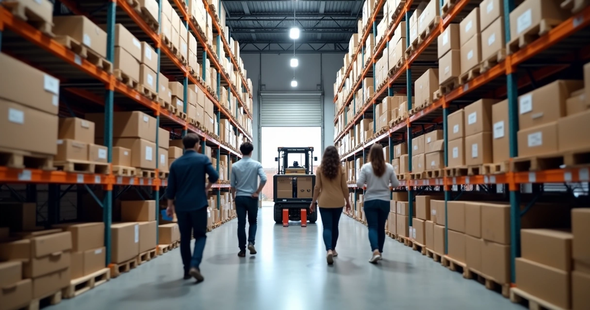 Equipe em armazém de e-commerce usando sistema digital para separar pedidos 