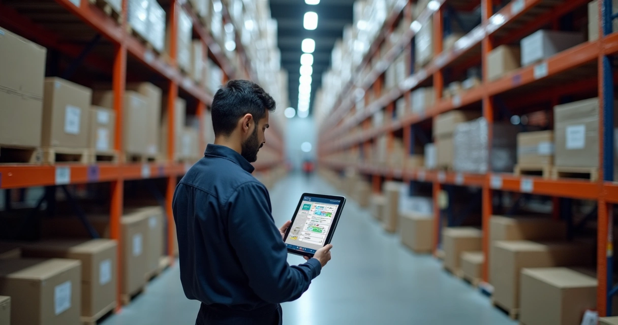 Operador usando tablet para gerenciar estoque digital WMS