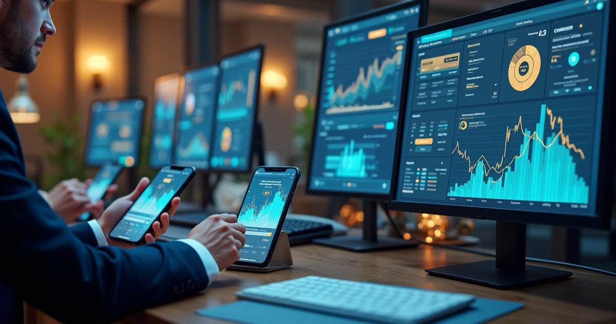 Ícones representando conta digital, empréstimo online e peer-to-peer espalhados em um painel de operação fintech 