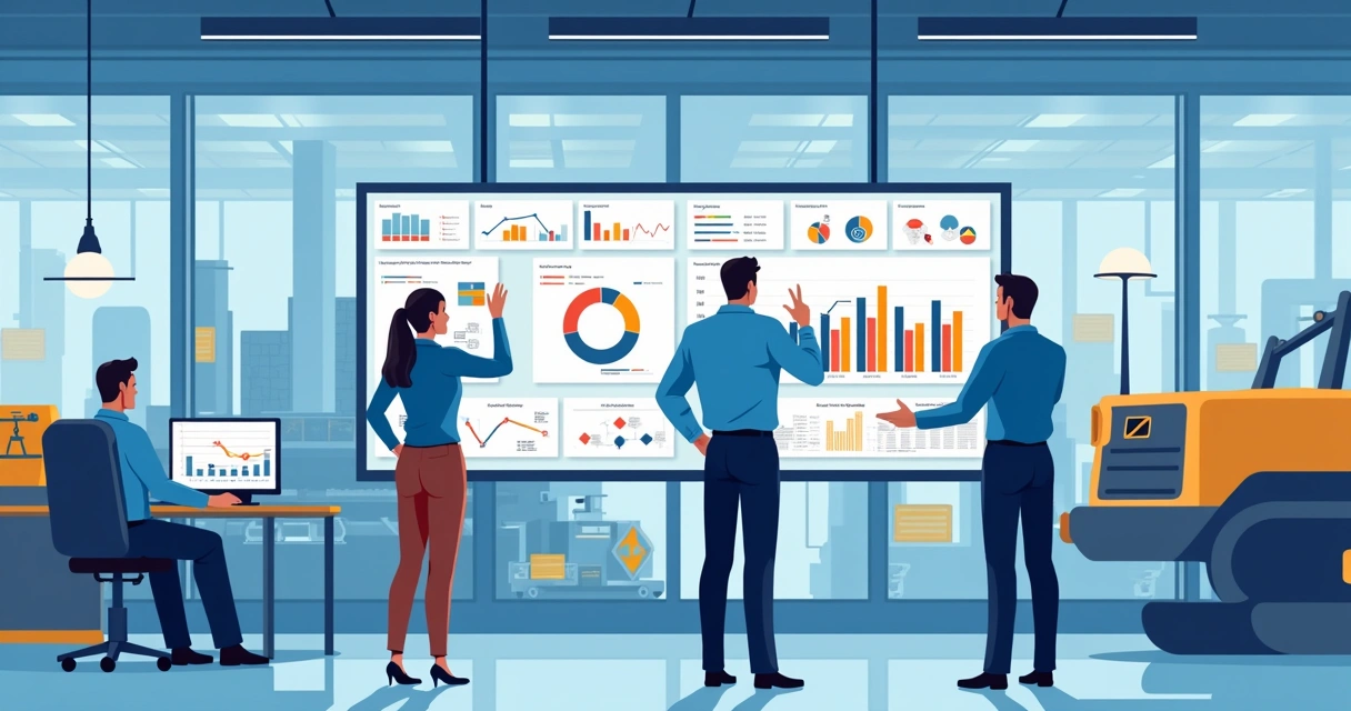 Equipe monitora painel de produção no Power BI em uma fábrica. 